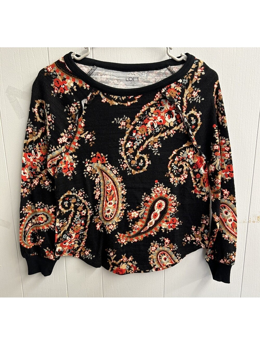 Loft Outlet Pullover Sweater. Black/Paisley Pattern. Ruffles. Size XSP.    NWT.